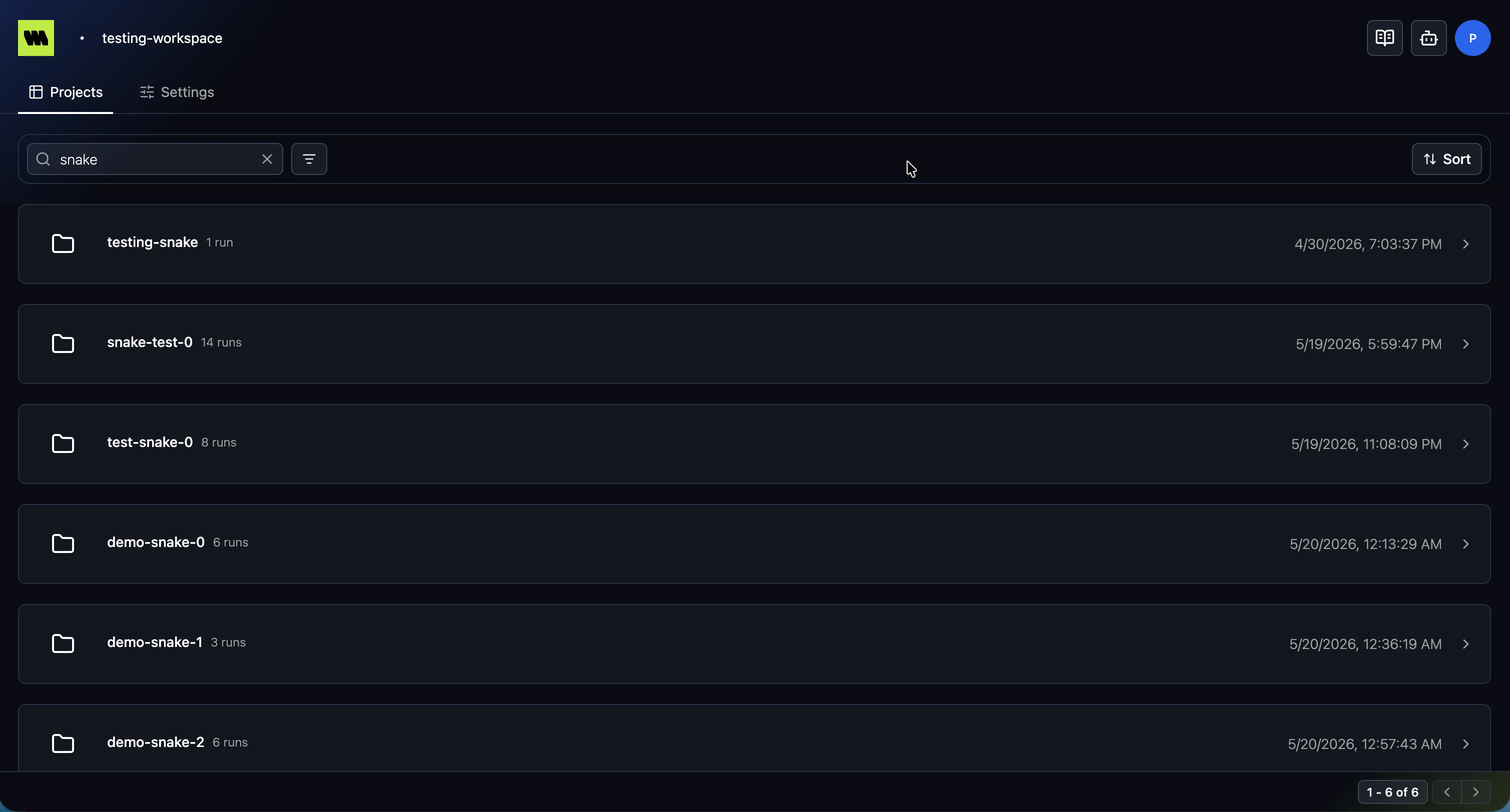 The projects list showing projects with their run counts and creation dates