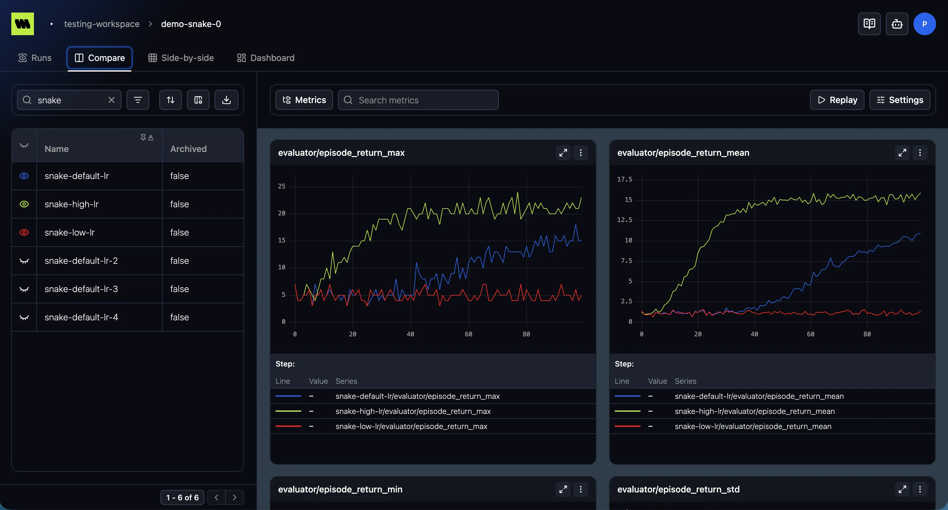 The Compare view with the runs list, metrics tree, and overlay charts