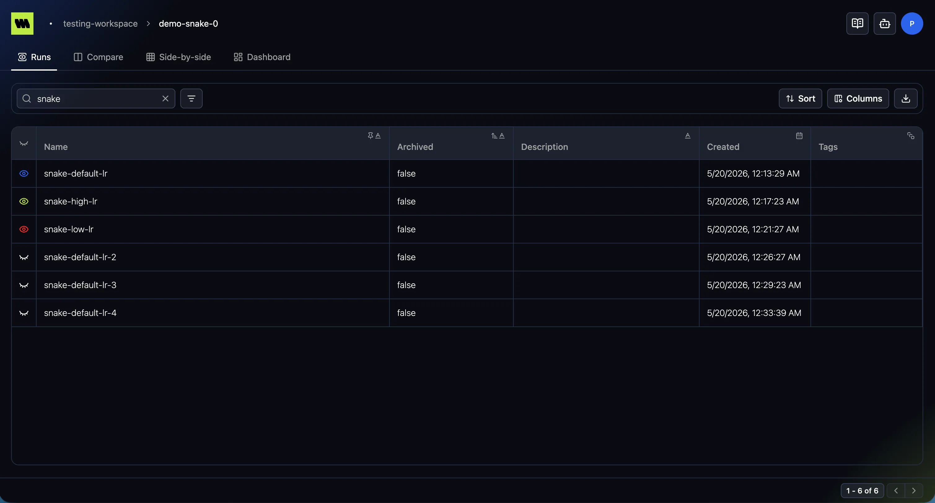 The runs table with search, filter, sort, and column controls