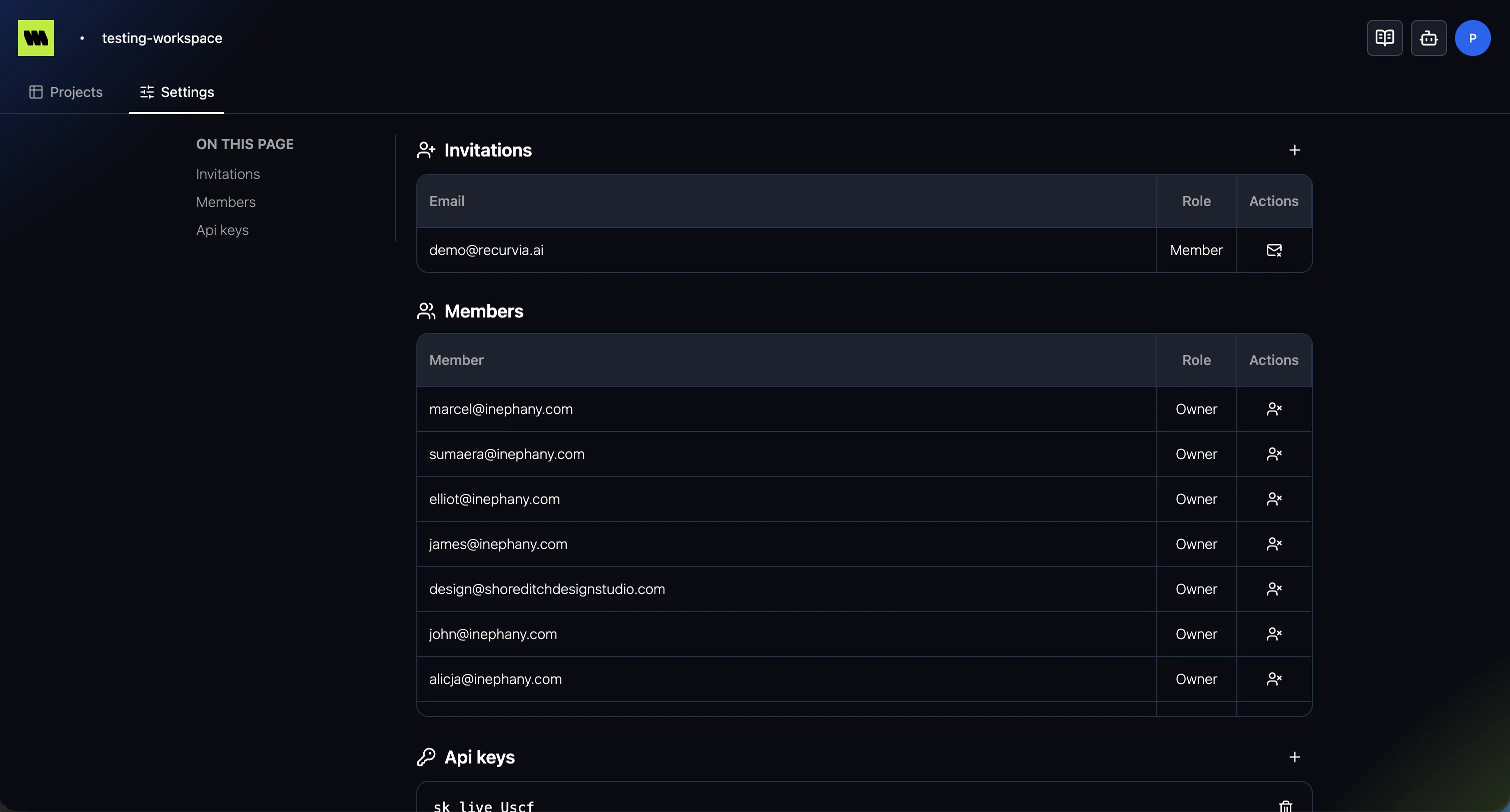 The Metrana Workspace settings page